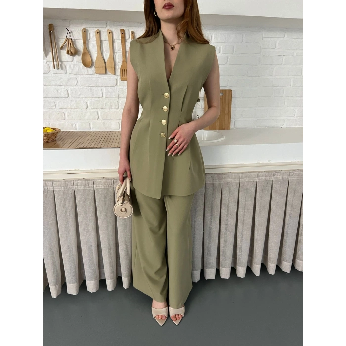 Gold Düğme Detaylı İkili Takım Haki