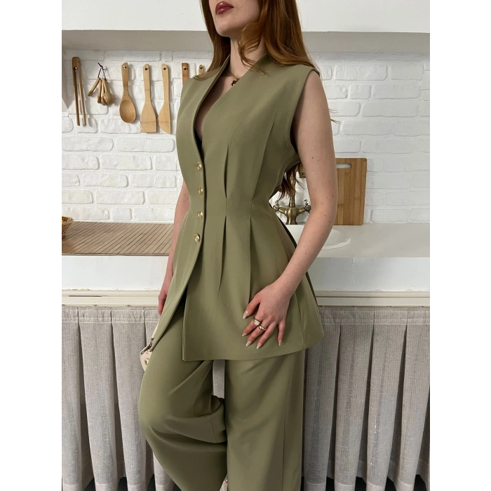 Gold Düğme Detaylı İkili Takım Haki