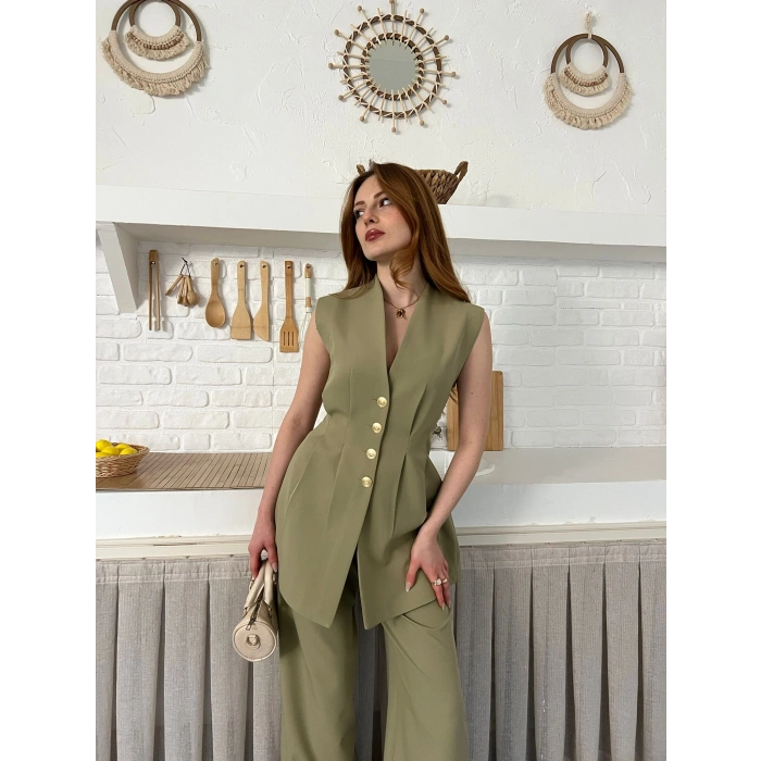 Gold Düğme Detaylı İkili Takım Haki