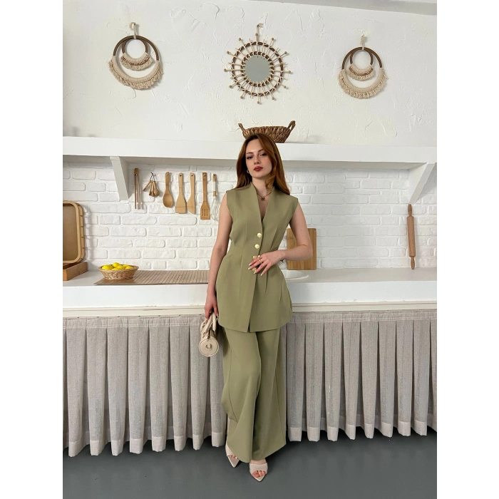 Gold Düğme Detaylı İkili Takım Haki