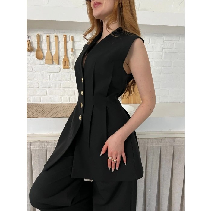 Gold Düğme Detaylı İkili Takım Siyah