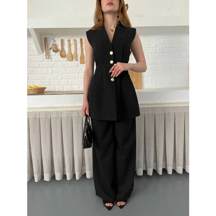 Gold Düğme Detaylı İkili Takım Siyah