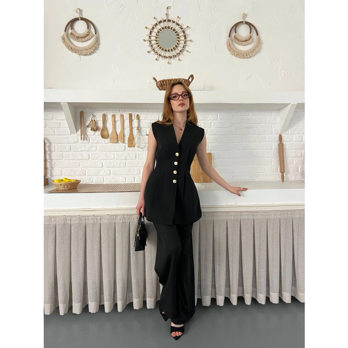 Gold Düğme Detaylı İkili Takım Siyah