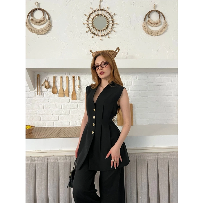 Gold Düğme Detaylı İkili Takım Siyah