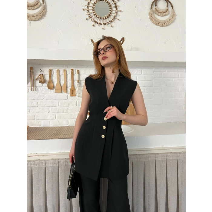 Gold Düğme Detaylı İkili Takım Siyah