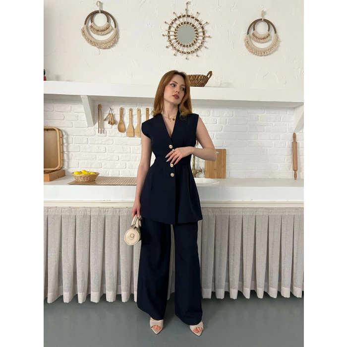 Gold Düğme Detaylı İkili Takım Lacivert