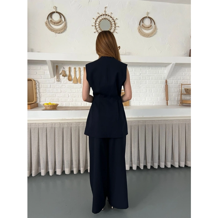 Gold Düğme Detaylı İkili Takım Lacivert