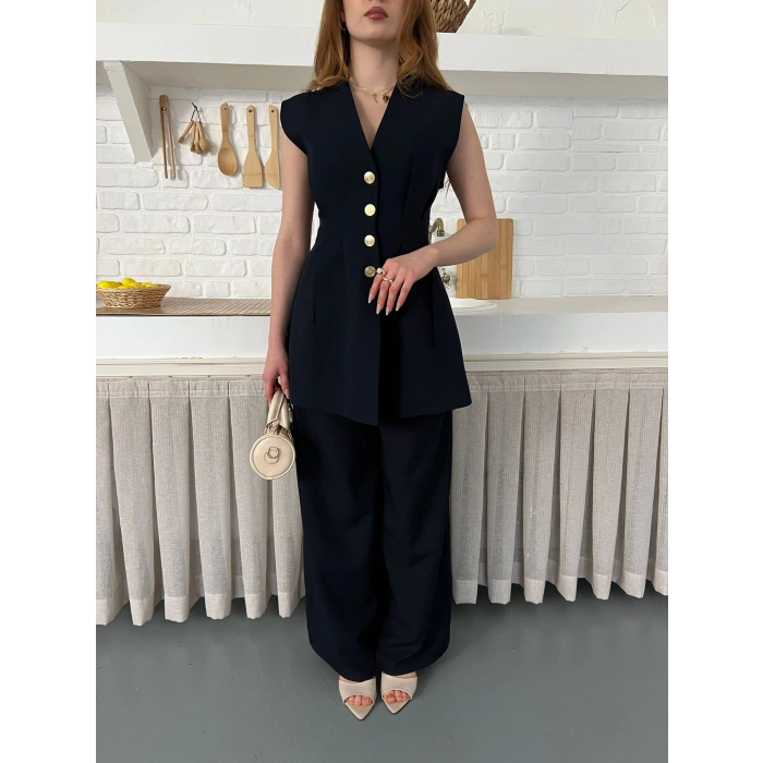 Gold Düğme Detaylı İkili Takım Lacivert