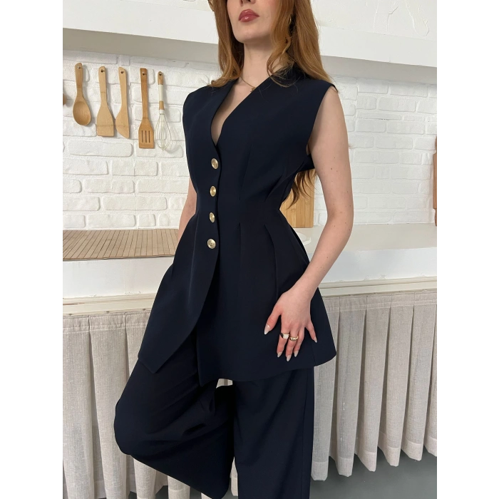 Gold Düğme Detaylı İkili Takım Lacivert