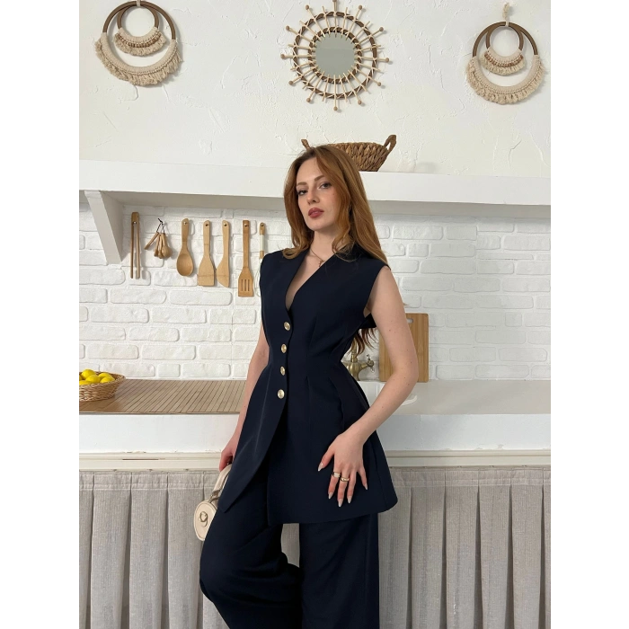 Gold Düğme Detaylı İkili Takım Lacivert