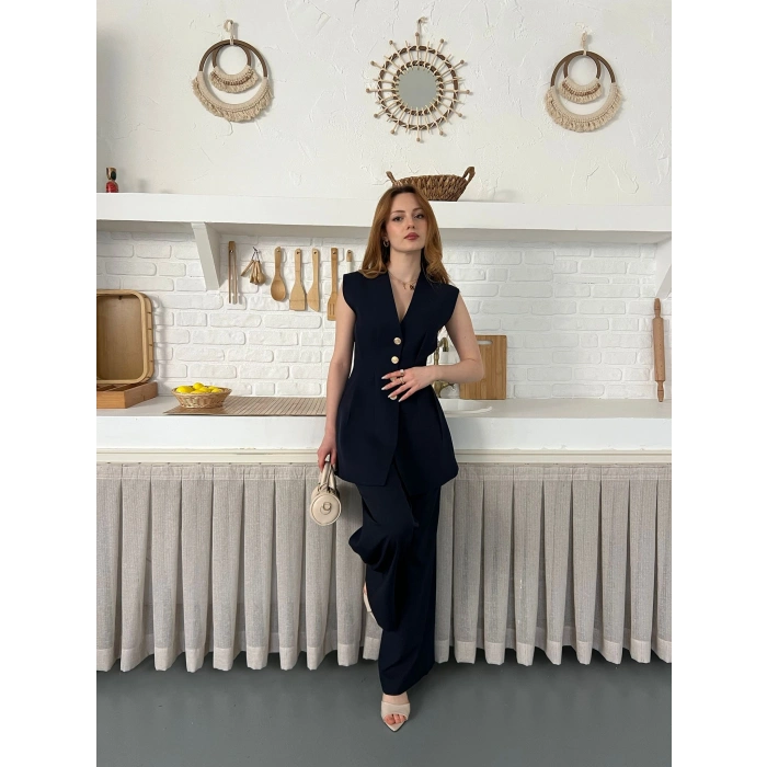 Gold Düğme Detaylı İkili Takım Lacivert
