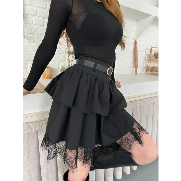 Kemer Detaylı Dantelli Etek Siyah