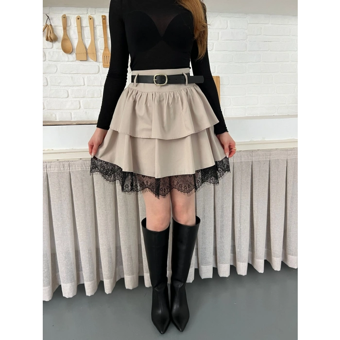 Kemer Detaylı Dantelli Etek Bej