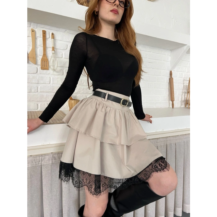 Kemer Detaylı Dantelli Etek Bej