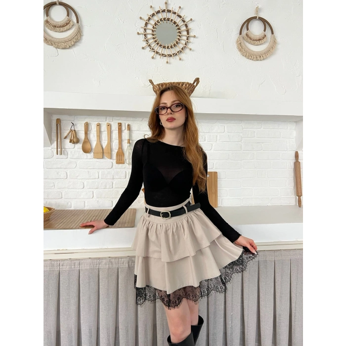 Kemer Detaylı Dantelli Etek Bej