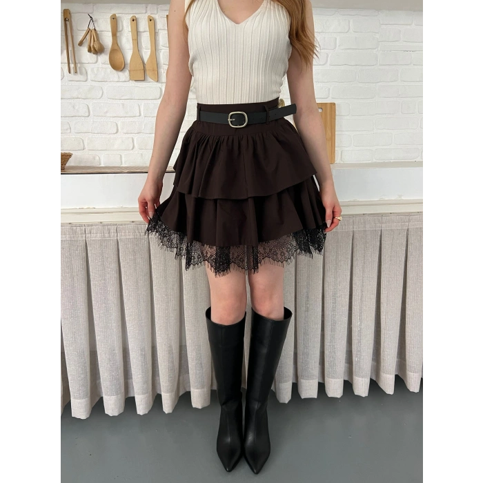 Kemer Detaylı Dantelli Etek Kahve