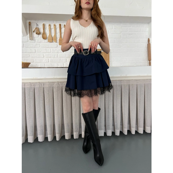 Kemer Detaylı Dantelli Etek Lacivert