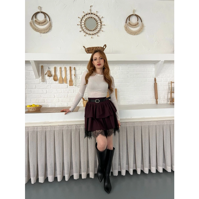 Kemer Detaylı Dantelli Etek Mürdüm