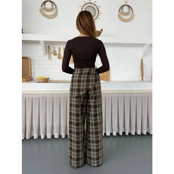 Ekose Yüksek Bel Fularlı Pantolon Kahve Yeşil