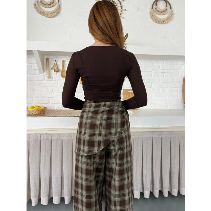 Ekose Yüksek Bel Fularlı Pantolon Kahve Yeşil
