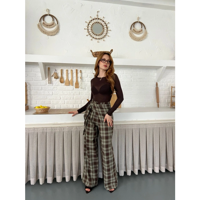 Ekose Yüksek Bel Fularlı Pantolon Kahve Yeşil