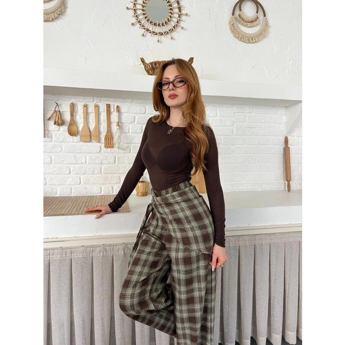 Ekose Yüksek Bel Fularlı Pantolon Kahve Yeşil