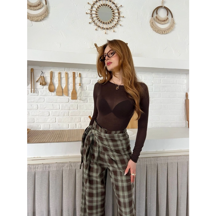 Ekose Yüksek Bel Fularlı Pantolon Kahve Yeşil