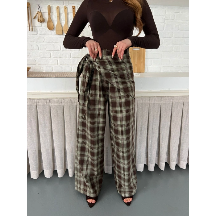 Ekose Yüksek Bel Fularlı Pantolon Kahve Yeşil