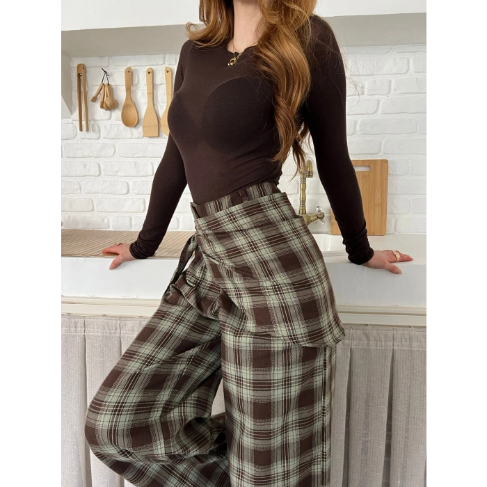 Ekose Yüksek Bel Fularlı Pantolon Kahve Yeşil