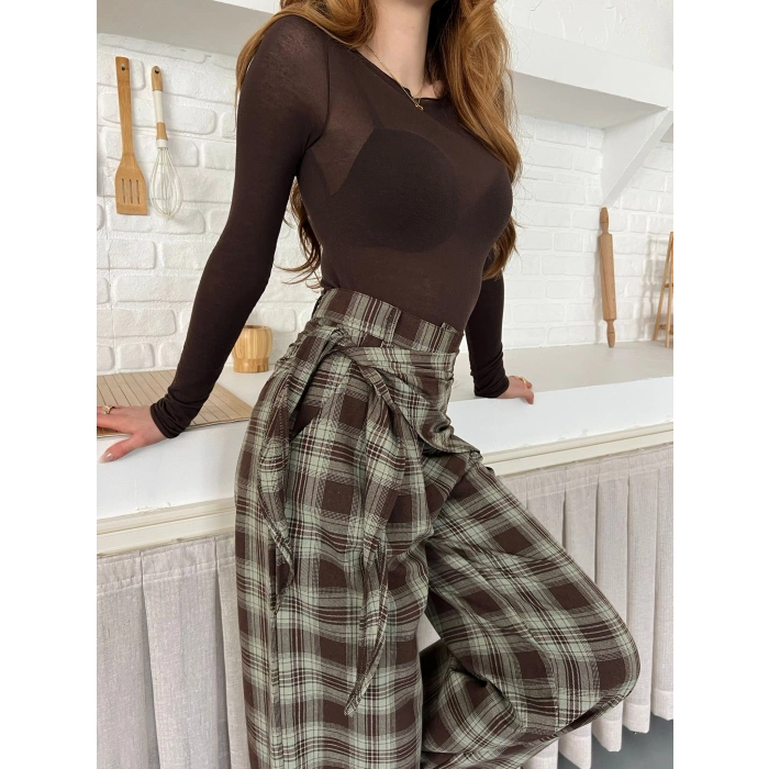 Ekose Yüksek Bel Fularlı Pantolon Kahve Yeşil