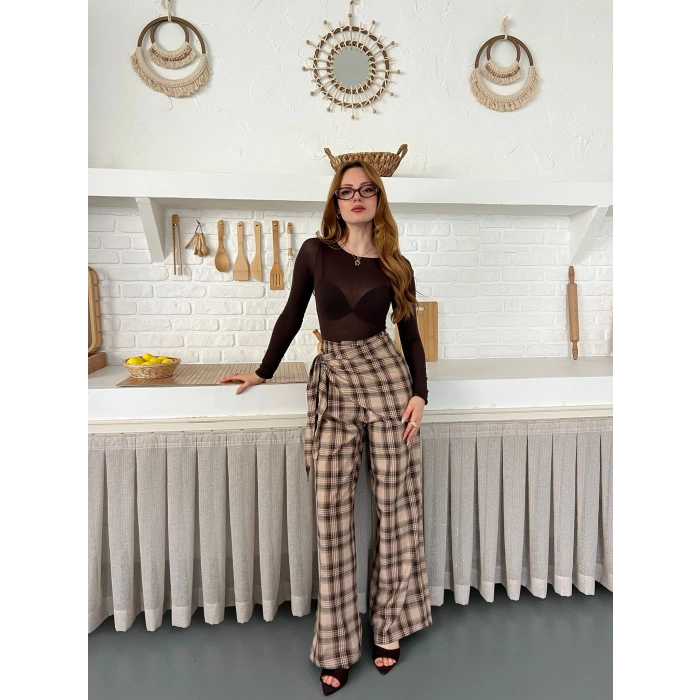 Ekose Yüksek Bel Fularlı Pantolon Bej