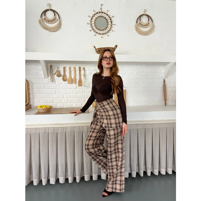 Ekose Yüksek Bel Fularlı Pantolon Bej