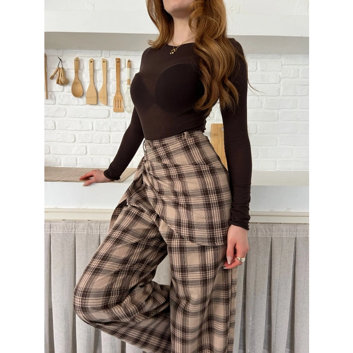 Ekose Yüksek Bel Fularlı Pantolon Bej