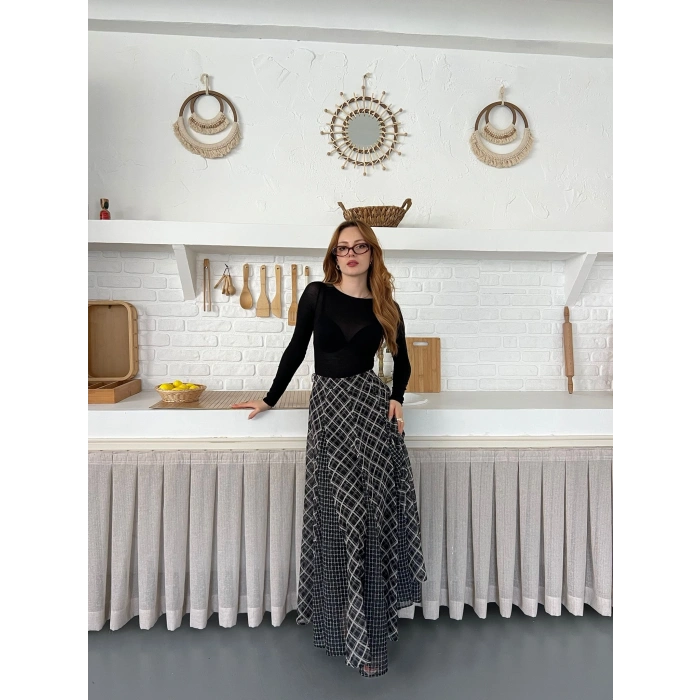 İçi Astarlı Desenli Şifon Etek Siyah