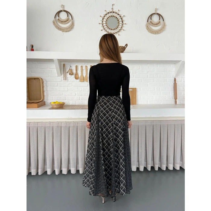 İçi Astarlı Desenli Şifon Etek Siyah