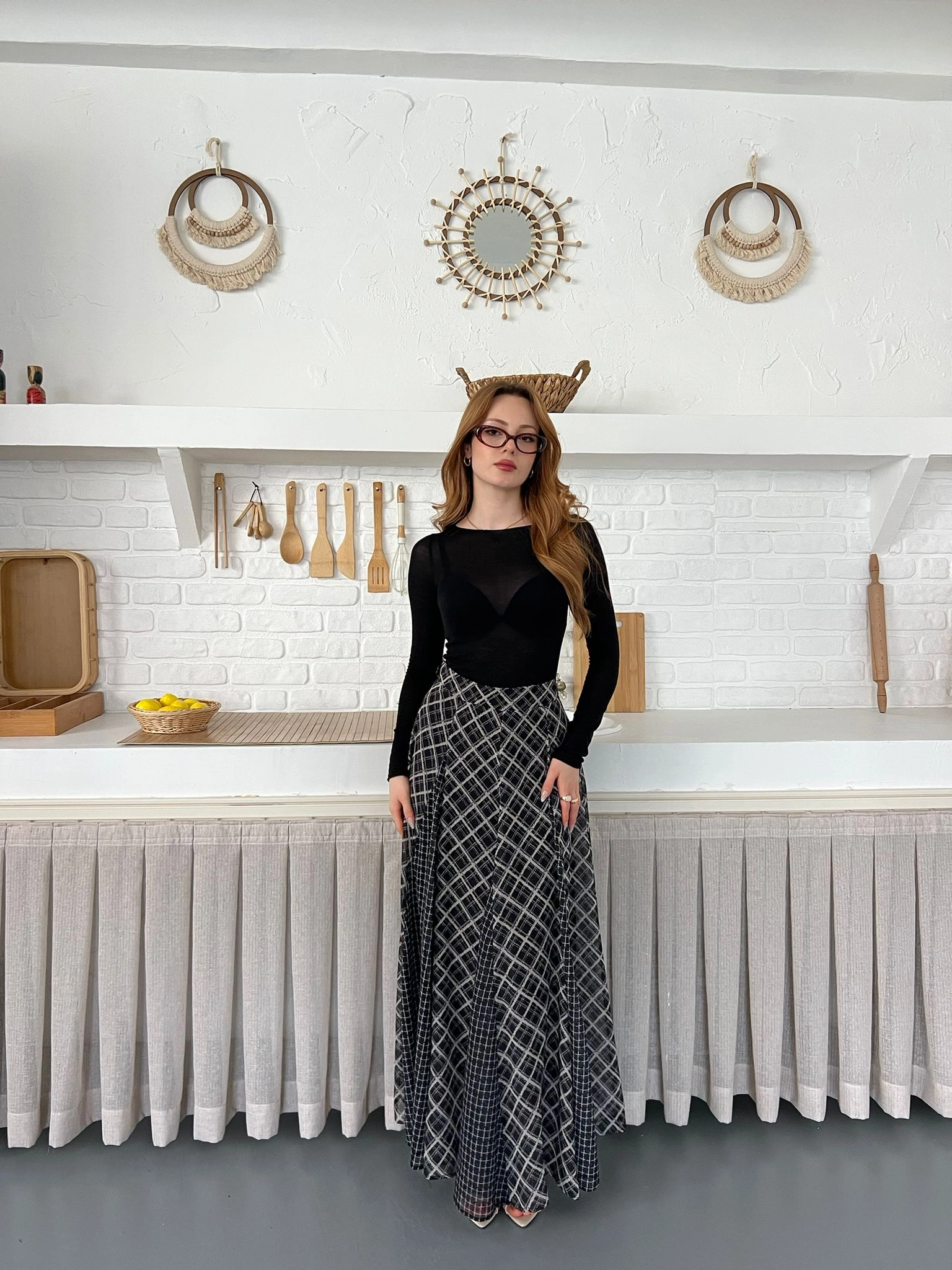 İçi Astarlı Desenli Şifon Etek Siyah