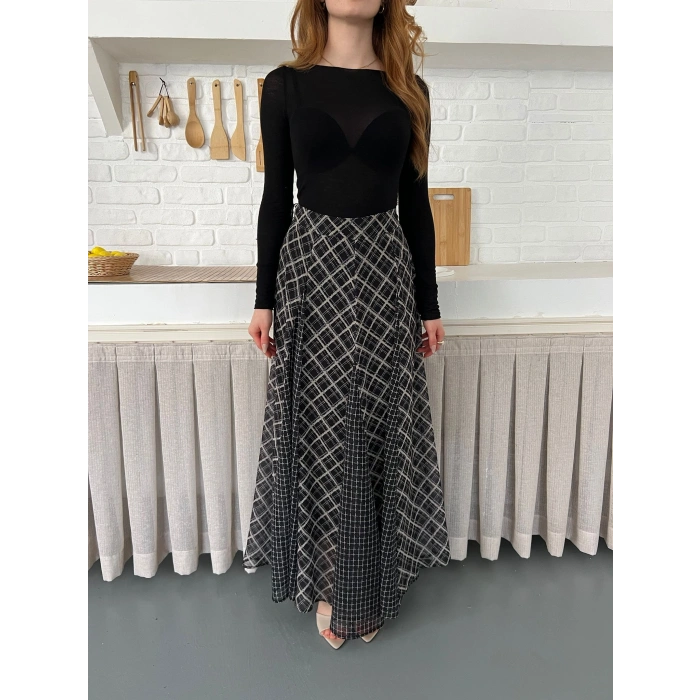 İçi Astarlı Desenli Şifon Etek Siyah