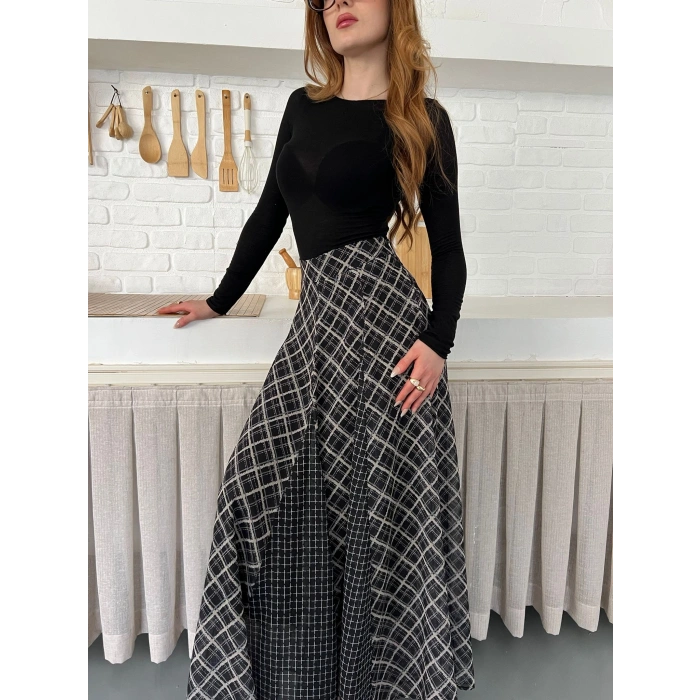 İçi Astarlı Desenli Şifon Etek Siyah