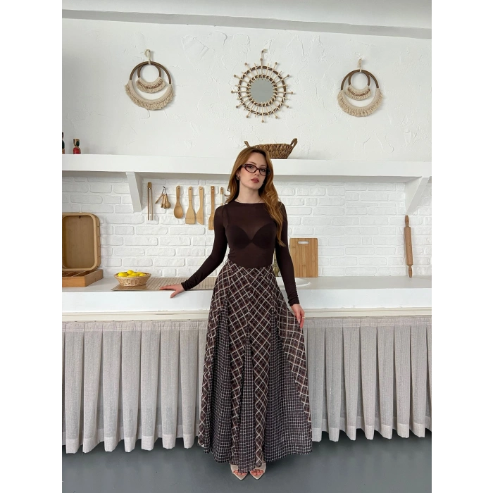 İçi Astarlı Desenli Şifon Etek Kahve