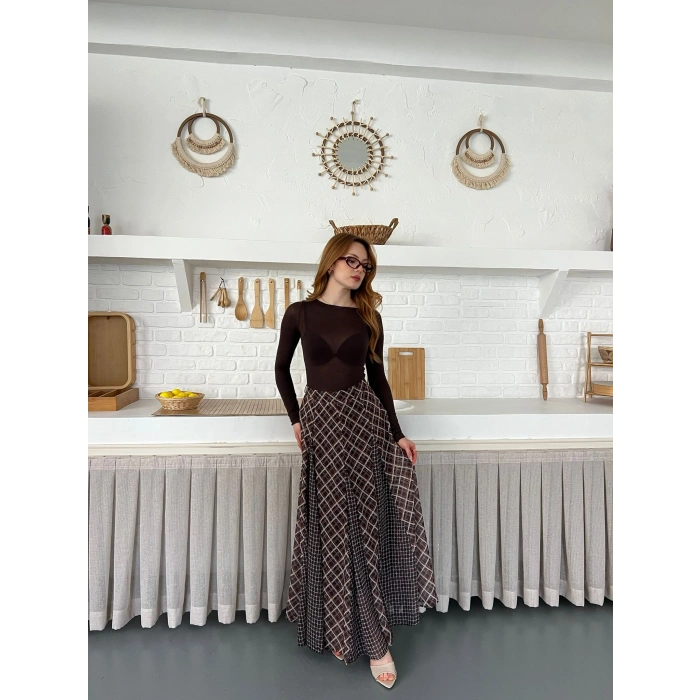 İçi Astarlı Desenli Şifon Etek Kahve