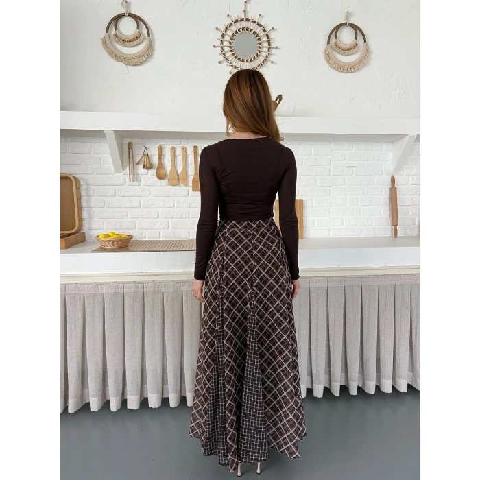 İçi Astarlı Desenli Şifon Etek Kahve