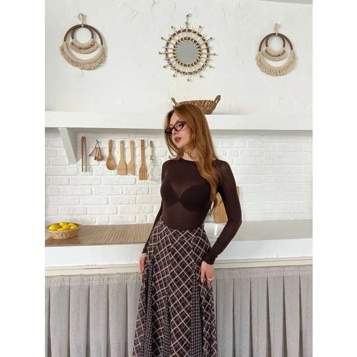 İçi Astarlı Desenli Şifon Etek Kahve