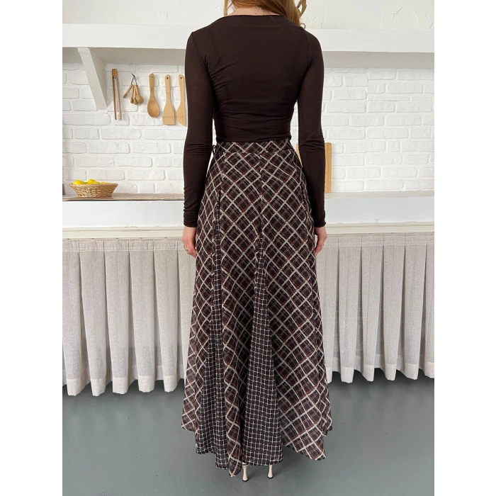 İçi Astarlı Desenli Şifon Etek Kahve