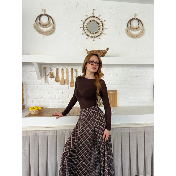 İçi Astarlı Desenli Şifon Etek Kahve