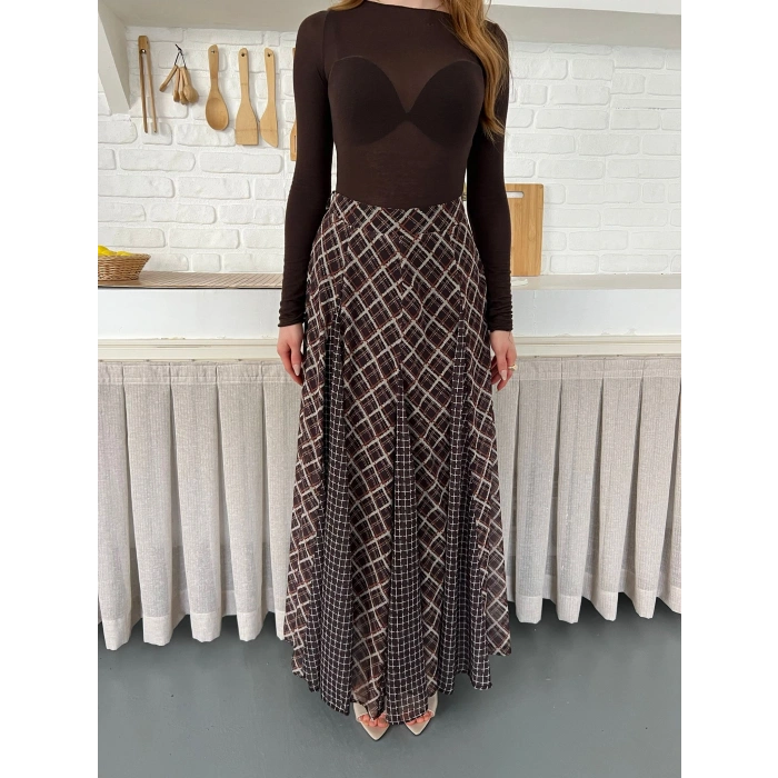 İçi Astarlı Desenli Şifon Etek Kahve