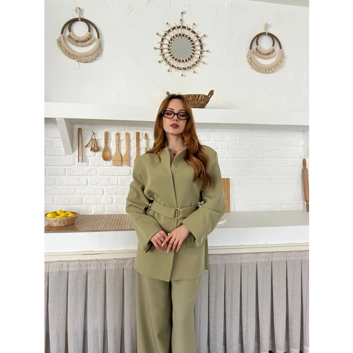 Gold Kemer Detaylı Tasarım Yaka Takım Haki