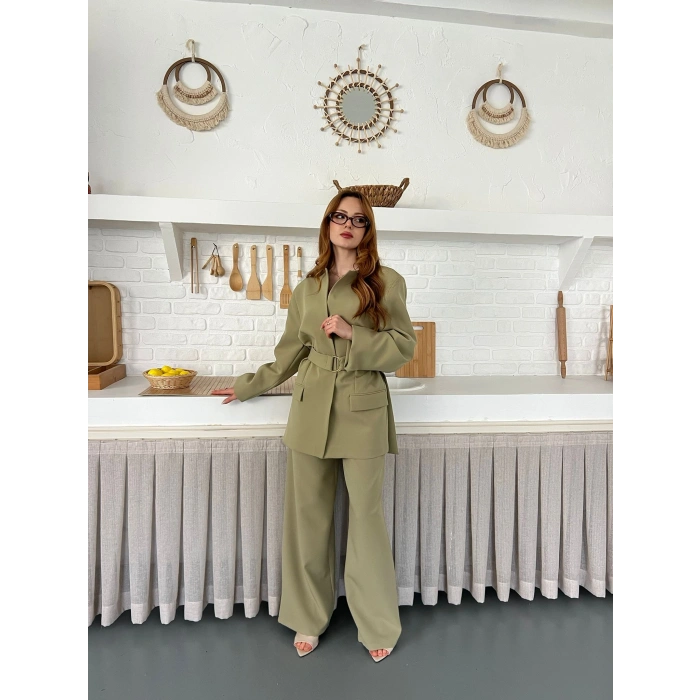 Gold Kemer Detaylı Tasarım Yaka Takım Haki