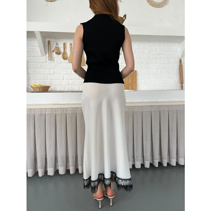 Dantel Detaylı Saten Maxi Etek Beyaz
