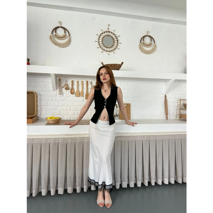Dantel Detaylı Saten Maxi Etek Beyaz