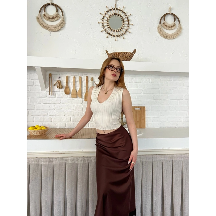 Dantel Detaylı Saten Maxi Etek Kahve